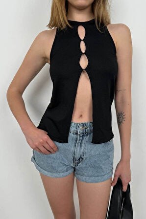 Halter Yaka Göğüs Detay Bluz