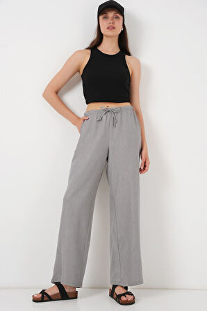 Geniş Paça Keten Pantolon 6735 - Gri