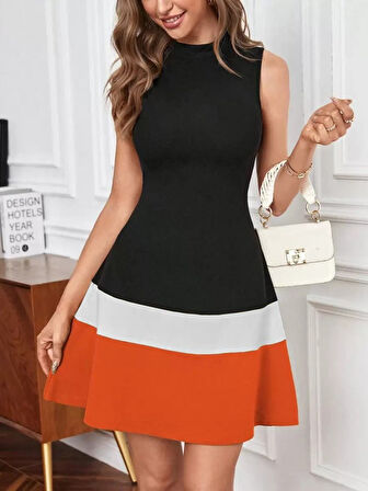 Kadın Sıfır Kol Yarı Balıkçı Yaka şerit Detaylı Ithal Krep Elbise 