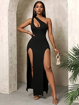 Kadın Tek Omuzdan Açık Damla Detaylı Yırtmaç Detaylı Uzun Janjan Krep Elbise