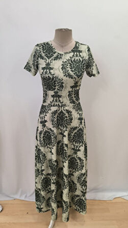 Kadın Kısa Kollu Bisiklet Yaka Puantiyeli Maksi örme Krep Elbise 