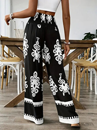 Kadın Yüksek Bel Büzgülü Etnik Desen Baskılı Süprem Pantolon