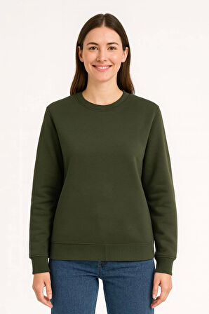Üç İplik Düz Bisiklet Yaka SweatShirt - Haki