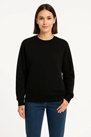 Üç İplik Düz Bisiklet Yaka SweatShirt  - Siyah