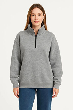 Üç İplik Dık Yaka Yarım Fermuarlı SweatShirt - Gri