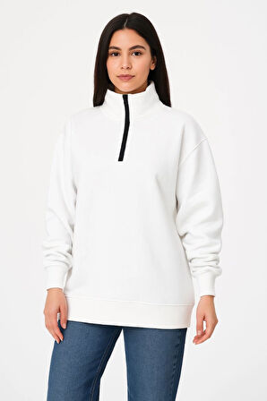 Üç İplik Dık Yaka Yarım Fermuarlı SweatShirt - Beyaz
