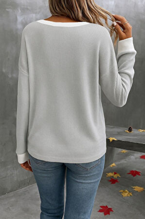 Kadın Uzun Kollu V Yakalı Waffle Bluz