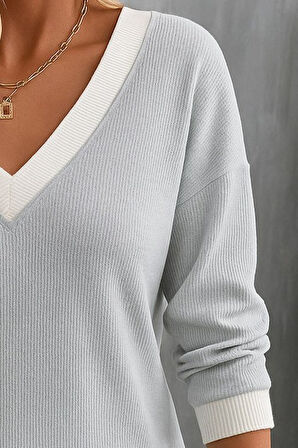 Kadın Uzun Kollu V Yakalı Waffle Bluz
