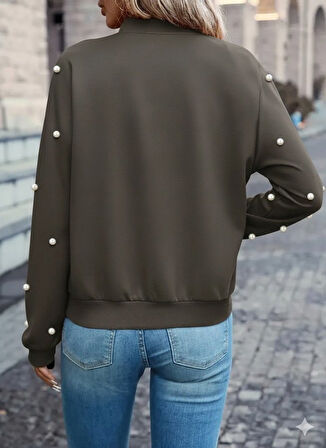 Kadın Uzun Kollu önden Fermuarlı Incili Kısa Modal Ceket
