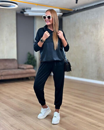 Kadın Uzun Kollu Kapşonlu Viskon Iki Iplik Bluz Ve Pantolon Ikili Takım