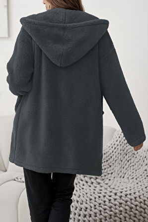 Kadın Uzun Kollu Kapşonlu önden Fermuarlı Cepli Welsoft Ceket