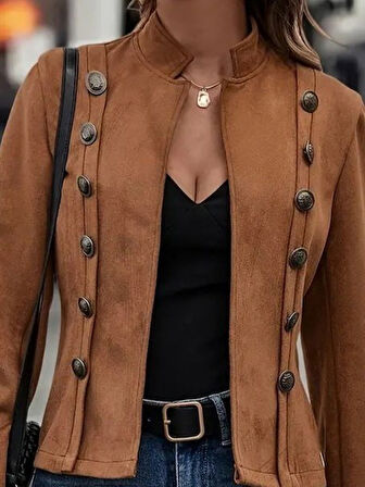 Kadın Uzun Kollu Hakim Yaka Yanlardan Düğmeli Kısa Süet Ceket