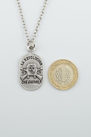 Devrim - Che Guevara Erkek Kadın Kolye Antik Gümüş Kaplama - 60 cm Düz Zincir