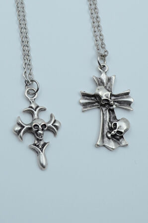 2'li Kuru Kafa Haç Kuru Kafa Gümüş Kaplama Kolye Seti