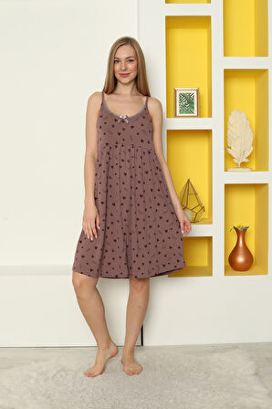 Desenli Dantelli Kurdeleli Askılı Likralı Viskon Gecelik