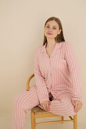 Kadın Büyük Beden Viskon Önden Düğmeli Gömlek Yaka Göğüs Cepli Uzun Kol Mevsimlik Pijama Takımı