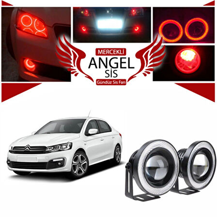 Citroen C Elysee Uyumlu, Universal Mercekli Led Angel Sis Farı, 76mm Kırmızı Renk