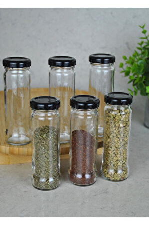 6 Adet 105 ml Metal Siyah Kapaklı 105 Cc Şeffaf Uzun Cam Kavanoz Baharatlık Beslenme Şişe
