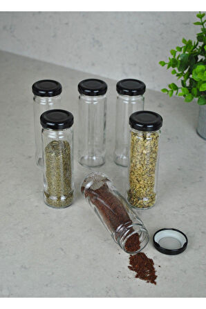 6 Adet 105 ml Metal Siyah Kapaklı 105 Cc Şeffaf Uzun Cam Kavanoz Baharatlık Beslenme Şişe