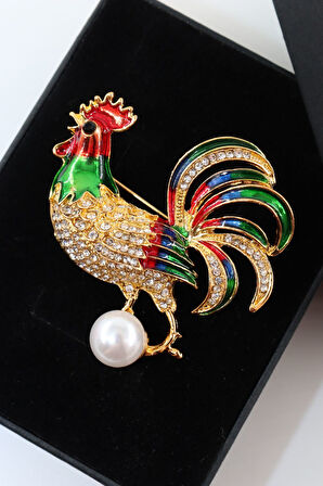 Horoz broş. Taşlı tasarım incili horoz broş. Yaka iğnesi broş. Kadın broş. Broş. Erkek broş. Unisex