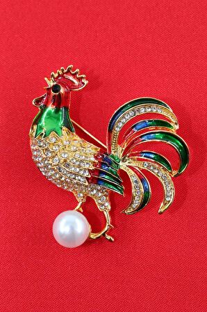 Horoz broş. Taşlı tasarım incili horoz broş. Yaka iğnesi broş. Kadın broş. Broş. Erkek broş. Unisex
