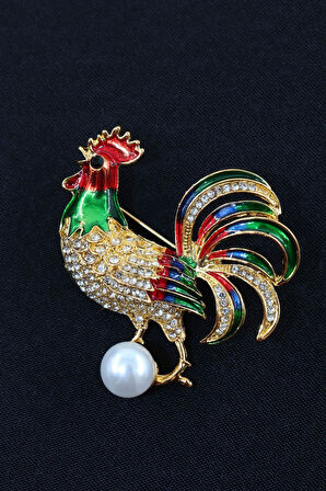 Horoz broş. Taşlı tasarım incili horoz broş. Yaka iğnesi broş. Kadın broş. Broş. Erkek broş. Unisex