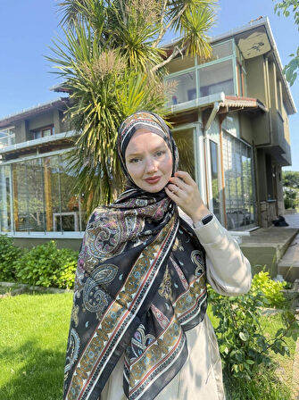 Kamer Scarf Timeless Wieve Serisi Etnik Desen Şal Siyah-Yağ Yeşili-Pembe