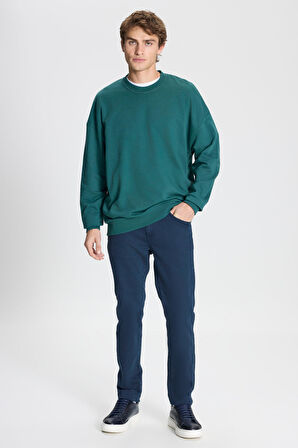 Erkek Koyu Yeşil Oversize Bol Kesim 3 Iplik Bisiklet Yaka Pamuklu Sweatshirt