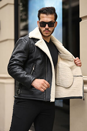 Erkek Napa Deri Çapraz Fermuarlı İçi Full Kürklü Slim Fit Mont & Ceket