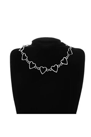 Gri Kalp Metal Zincirli Choker Kolye 35 Cm
