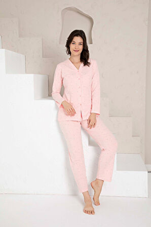 Kadın V Yaka Önden Düğmeli %100 Pamuk Uzun Kol Cepli Pijama Takımı