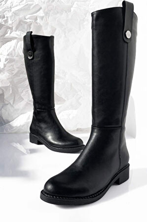 Kısa Topuk Fermuarlı Diz Altı Siyah Binici Çizmesi-Siyah-39