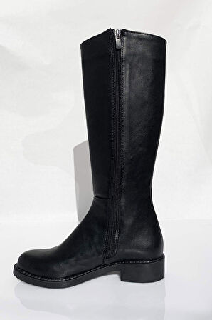 Kısa Topuk Fermuarlı Diz Altı Siyah Binici Çizmesi-Siyah-39