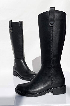 Kısa Topuk Fermuarlı Diz Altı Siyah Binici Çizmesi-Siyah-40