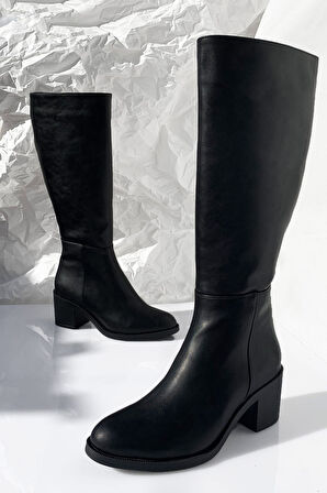 Kalın Topuklu Fermuarlı Diz Altı Uzun Çizme-Siyah-39