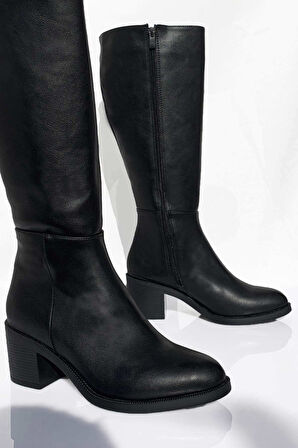 Kalın Topuklu Fermuarlı Diz Altı Uzun Çizme-Siyah-39