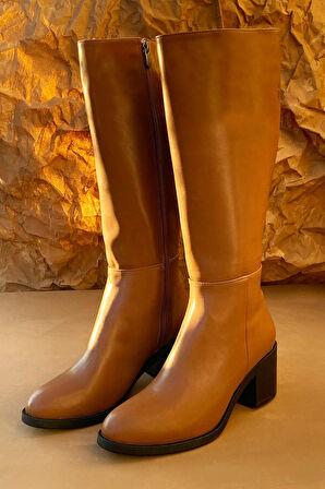 Kalın Topuklu Fermuarlı Diz Altı Uzun Çizme-Taba-36