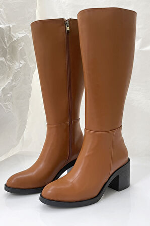 Kalın Topuklu Fermuarlı Diz Altı Uzun Çizme-Taba-36