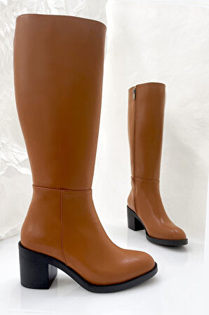 Kalın Topuklu Fermuarlı Diz Altı Uzun Çizme-Taba-39