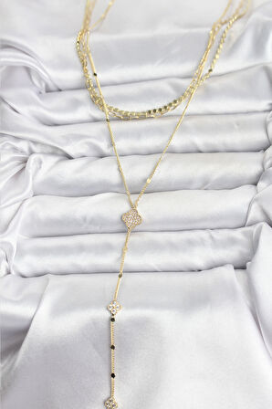 Pirinç Gold Renk Zirkon Taşlı Yoncalı Model Detaylı 3'lü Kombin Y Kadın Kolye