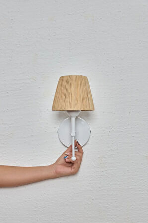 Bohem Hasır Rafya Saçaksız El Yapımı Beyaz Kablosuz Pilli Ledli Aplik