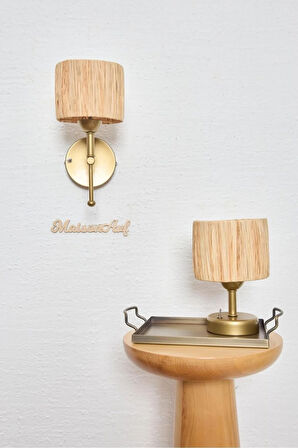 Bohem Hasır Rafya Saçaksız Oval El Yapımı Eskitme Gold Kablosuz Pilli Ledli Aplik