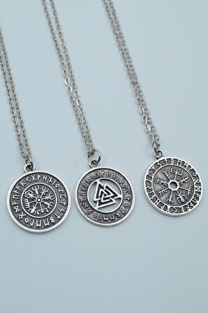3'lü Viking Pusula, Viking Tılsım Gümüş Kaplama Kolye Seti