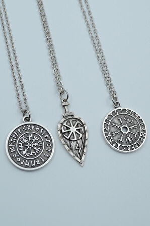 3'lü Viking Pusula Viking Kalkan Tılsım Gümüş Kaplama Kolye Seti