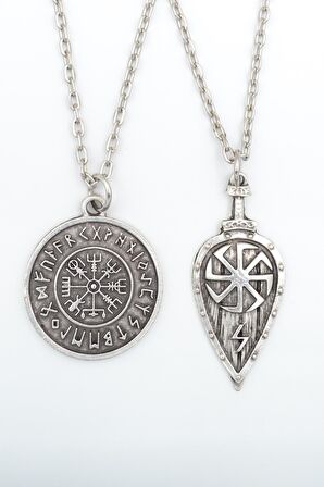 2'li Viking Pusula - Viking Kalkan Erkek Kadın Kolye Seti 925 Ayar Gümüş Kaplama