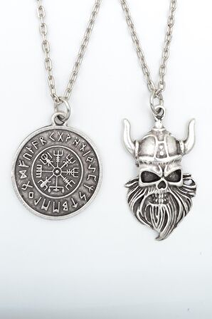 2'li Viking Sakallı Kuru Kafa - Viking Pusula Erkek Kadın Kolye Seti 925 Ayar Gümüş Kaplama