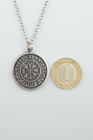 2'li Viking Sakallı Kuru Kafa - Viking Pusula Erkek Kadın Kolye Seti 925 Ayar Gümüş Kaplama