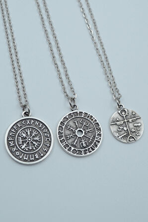 3'lü Viking Pusula Tılsım Şaman Davulu - Kam Davulu Gümüş Kaplama Kolye Seti