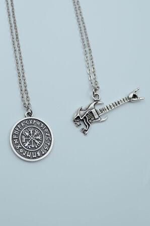 2'li Viking Pusula Kuru Kafa Elektro Gitar Gümüş Kaplama Kolye Seti