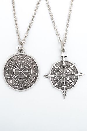 2'li Viking Pusula Erkek Kadın Kolye Seti 925 Ayar Gümüş Kaplama